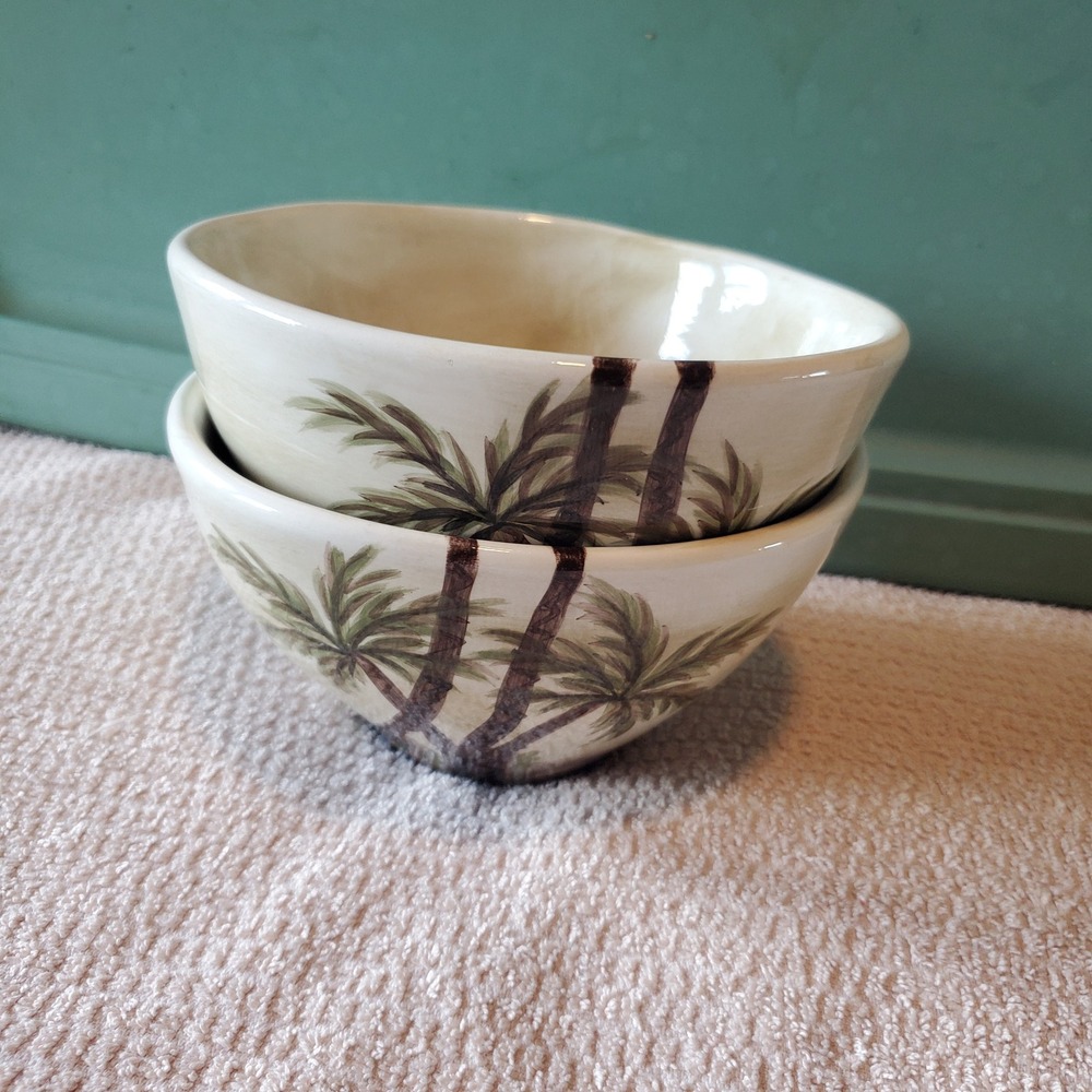 Bahamas Hand Painted Collection Palm Tree Ceramic Bowls Set of 2 Tropical Cream